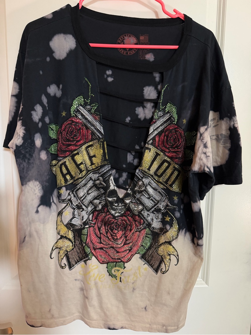 Affliction Black Tie-Dye Lace-Up Tee with Red Rose & Gun Graphic